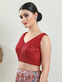 Threadwork Sequence Embroidered V Neck Sleeveless Blouse