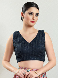 Threadwork Sequence Embroidered V Neck Sleeveless Blouse