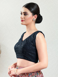 Threadwork Sequence Embroidered V Neck Sleeveless Blouse