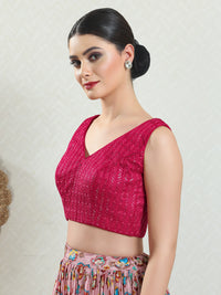 Threadwork Sequence Embroidered V Neck Sleeveless Blouse