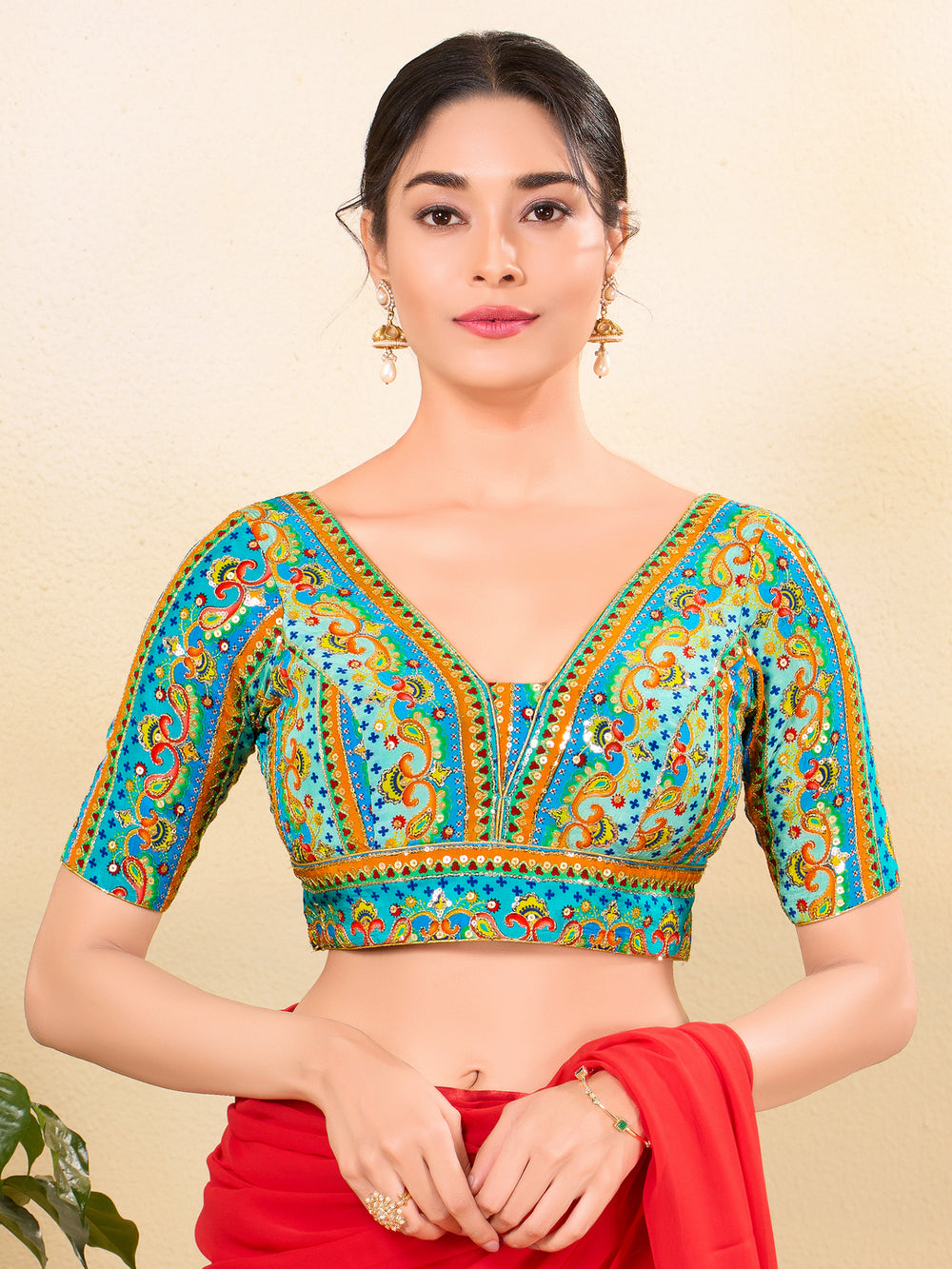 Position Printed Multi Colored Sequence Embroidery Designer Cut Blouse