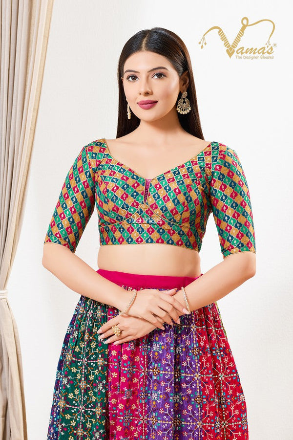 Vamas Women's Brocade Padded Back Open Elbow Sleeves Saree Blouse ( B-245.ELB )