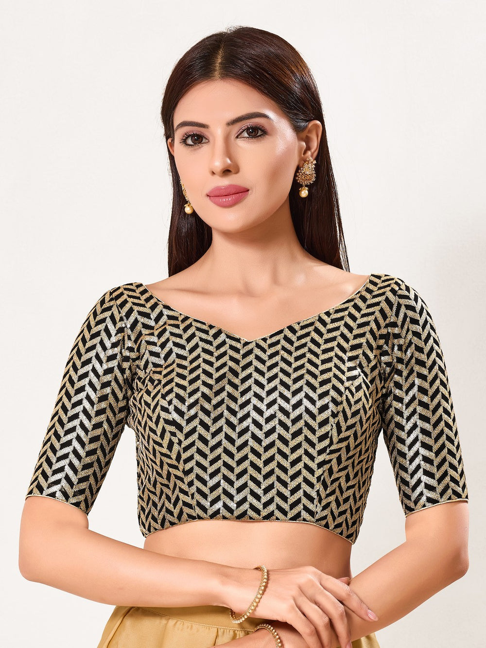 Zig Zag Sequence Embroidered Elbow Sleeves Blouse