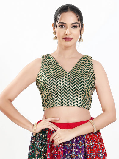 Light Gold Sequence Embroidered Paan Neck Sleeveless Blouse
