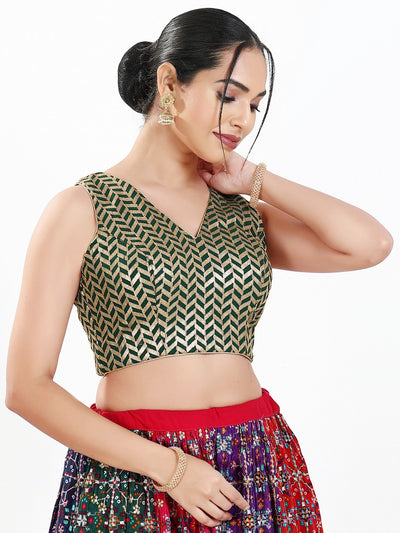 Light Gold Sequence Embroidered Paan Neck Sleeveless Blouse