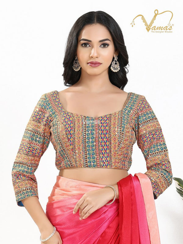 Vamas Women's Silk Padded Back Open 3/4 Sleeves Saree Blouse ( B-257.3-4 )