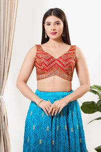Red Threadwork Mirror Yoke Blouse