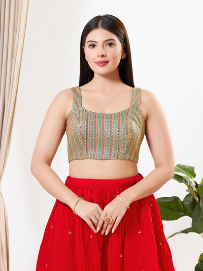 Multi Threadwork Square Neck Sleeveless Blouse