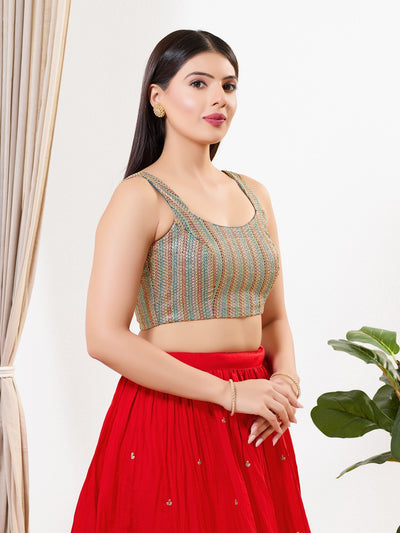 Multi Threadwork Square Neck Sleeveless Blouse