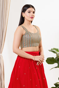 Multi Threadwork Square Neck Sleeveless Blouse