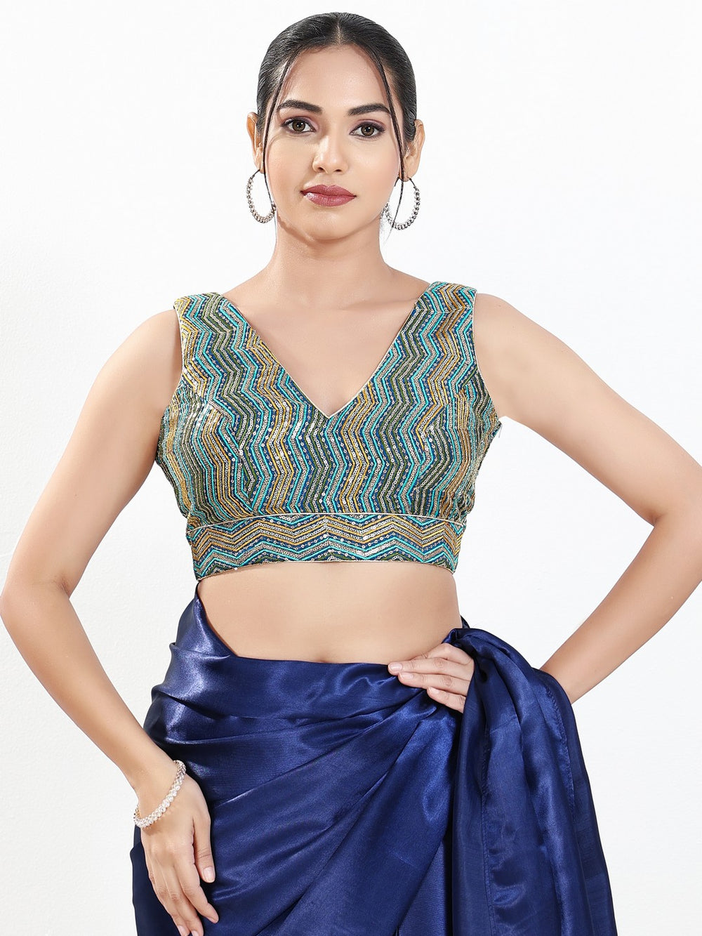 Zigzag Thread Sequence Embroidery V Neck Yoke Blouse