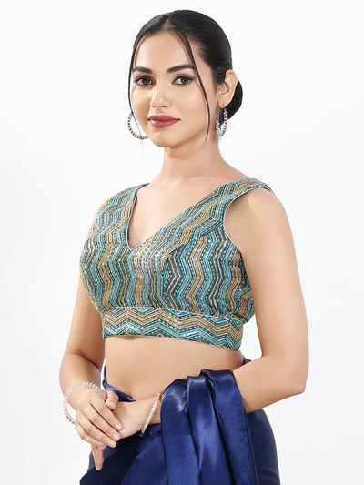 Zigzag Thread Sequence Embroidery V Neck Yoke Blouse
