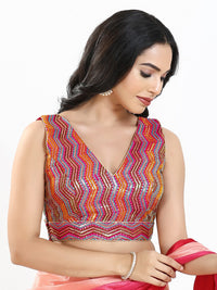 Zigzag Thread Sequence Embroidery V Neck Yoke Blouse