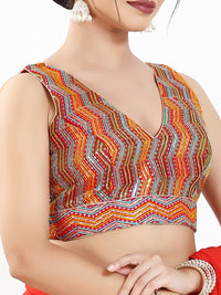 Zigzag Thread Sequence Embroidery V Neck Yoke Blouse