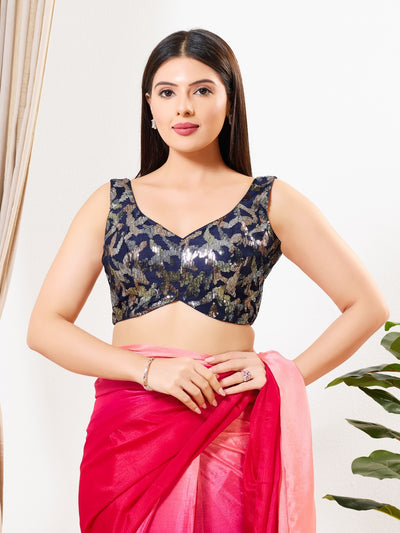 Net Fabric Sequence Paan Neck Sleeveless Blouse