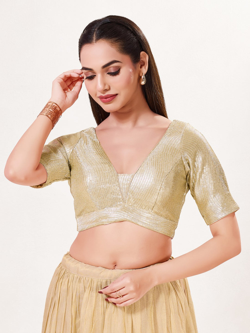 Sequence Deep V Neck Elbow Sleeves Blouse