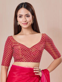 Vamas Checkered Gold Embroidery Designer Cut Paan Neck Blouse