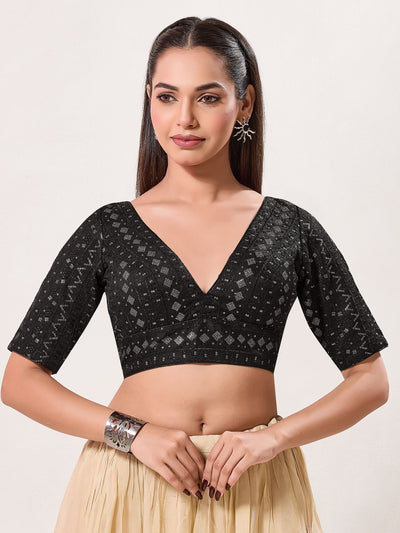 Tissue Zari Lines Embroidery V Neck Elbow Blouse