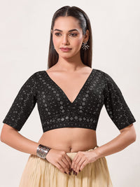 Tissue Zari Lines Embroidery V Neck Elbow Blouse