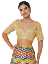 Tissue Zari Lines Embroidery V Neck Elbow Blouse