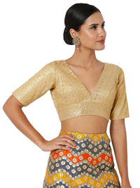 Tissue Zari Lines Embroidery V Neck Elbow Blouse