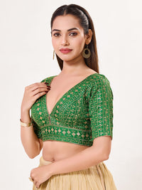 Tissue Zari Lines Embroidery V Neck Elbow Blouse