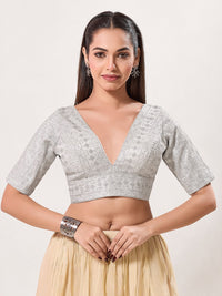 Tissue Zari Lines Embroidery V Neck Elbow Blouse