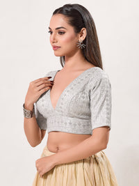 Tissue Zari Lines Embroidery V Neck Elbow Blouse