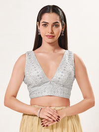 Threadwork Sequence Embroidered V Neck Sleeveless Blouse
