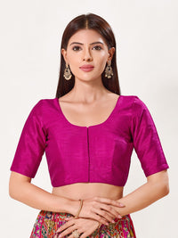 Vamas Art Silk Round Neck Solid Front Open Elbow Sleeves Blouse