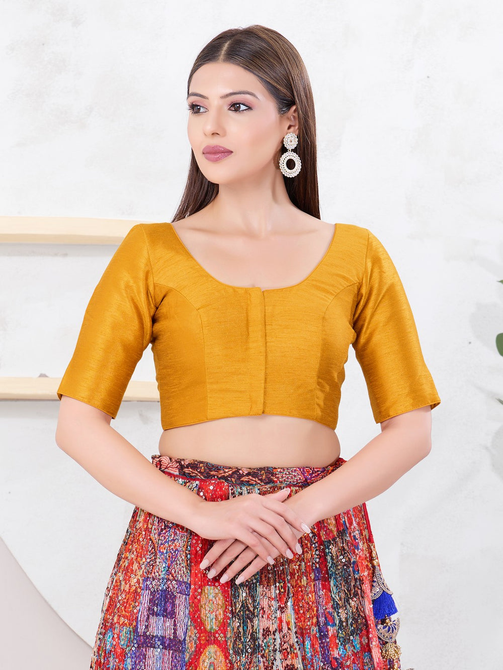Vamas Art Silk Round Neck Solid Front Open Elbow Sleeves Blouse