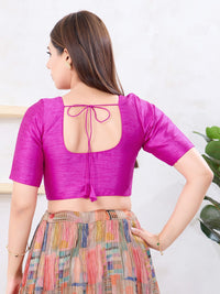 Vamas Art Silk Round Neck Solid Front Open Elbow Sleeves Blouse