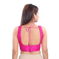 Vamas Solid Stone Embellished Round Neck Sleeveless Blouse