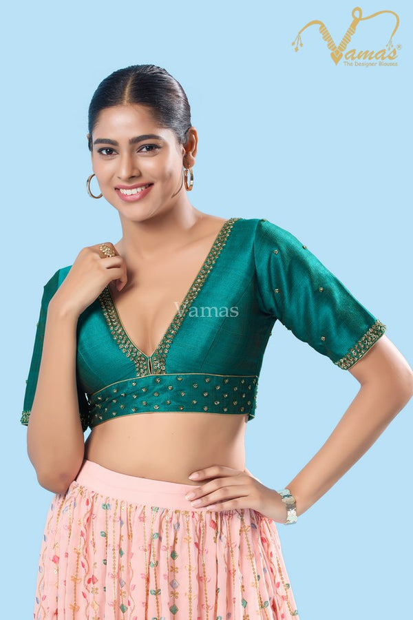 Vamas Women's Mulbury Silk Padded Back Open Elbow Sleeves Saree Blouse ( KP-279.ELB )