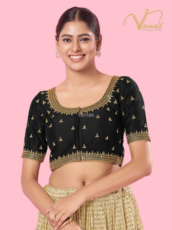 Vamas Women's Mulbury Silk Padded Front Open Elbow Sleeves Saree Blouse ( KP-290.ELB )