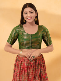 Brocade Round Neck Front Open Small Butti Blouse
