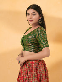 Brocade Round Neck Front Open Small Butti Blouse
