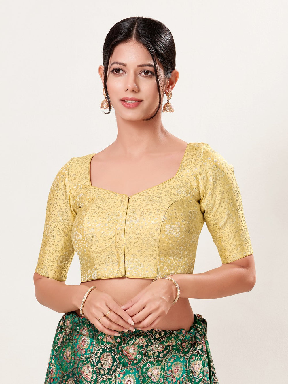 Gold Brocade Front Open Elbow Blouse