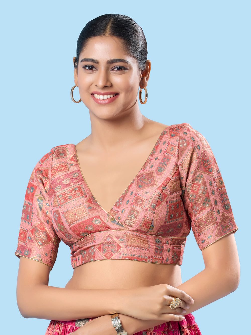 Position Printed Multi Brocade Overlap Blouse