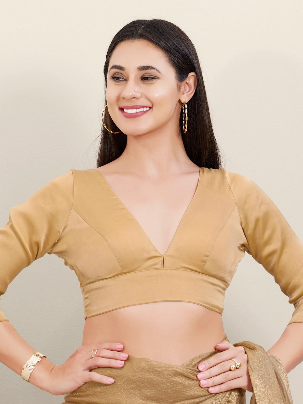 Satin Three Quarter Sleeves Solid V Neck Blouse