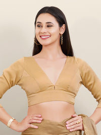 Satin Three Quarter Sleeves Solid V Neck Blouse