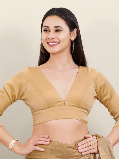 Satin Three Quarter Sleeves Solid V Neck Blouse