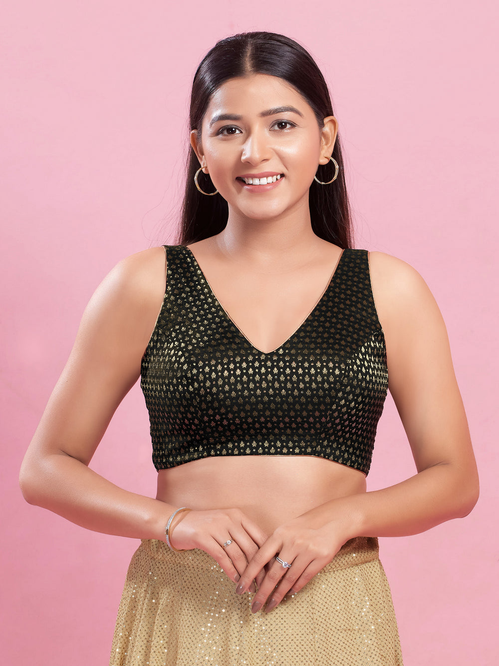 V Neck Brocade Piping Blouse