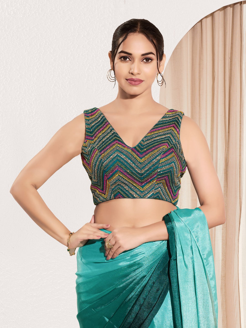 Thread Zari Zig Zag V Neck Pastel Blouse