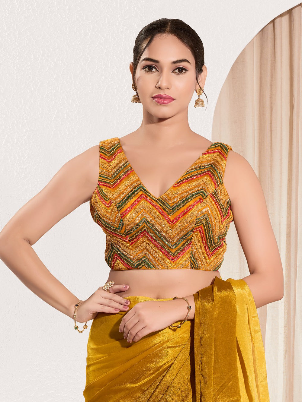 Thread Zari Zig Zag V Neck Pastel Blouse