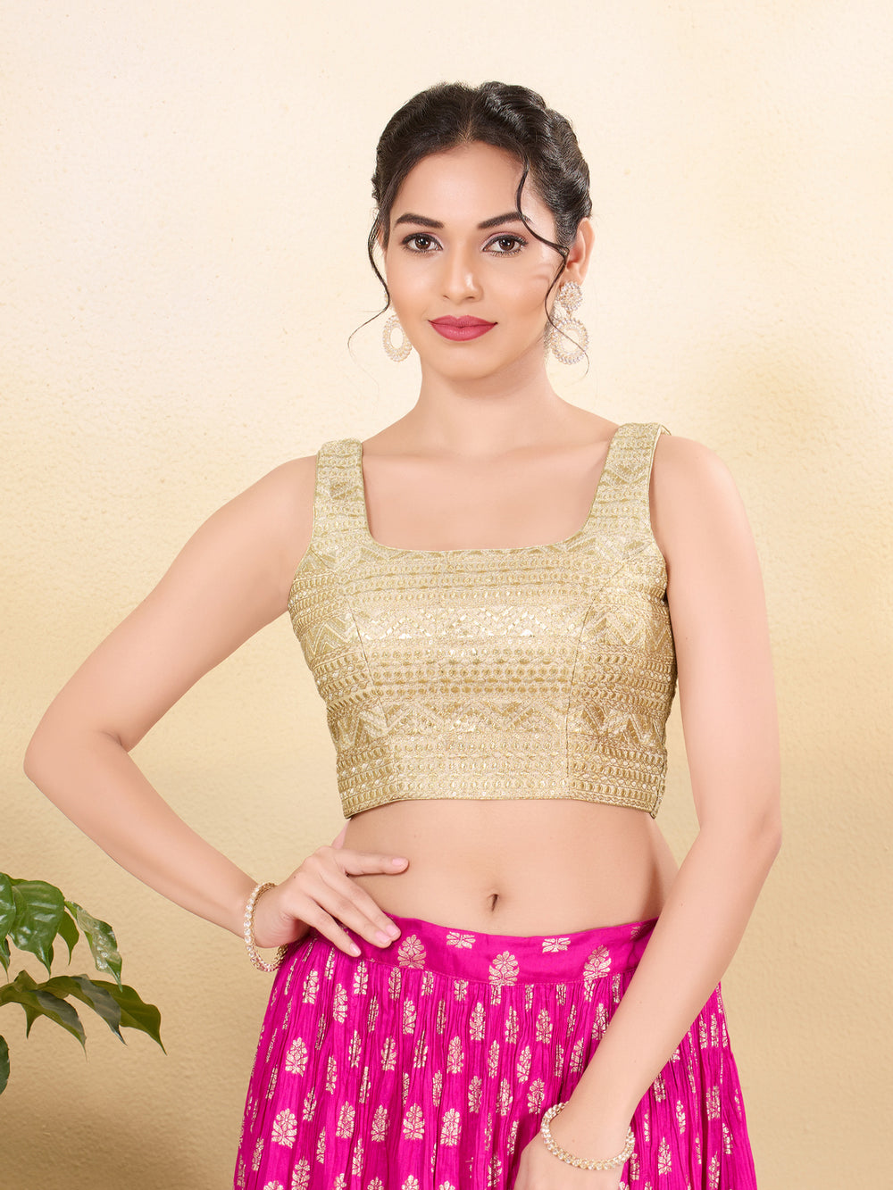 Gold Gota Embroidery Round Neck Sleveless Blouse