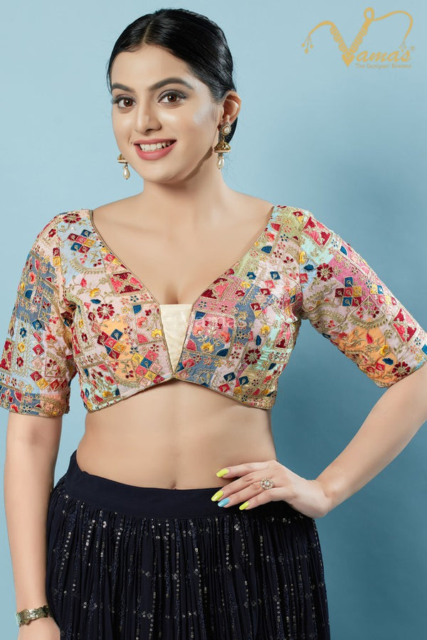 Vamas Women's Brocade Padded Back Open Elbow Sleeves Saree Blouse ( VFJKP-82 )