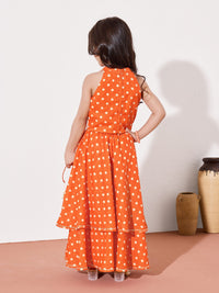 Girls Foil Polka Dot Layered Ethnic Gown Dress With Waist Belt Detail