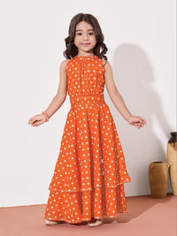 Girls Foil Polka Dot Layered Ethnic Gown Dress With Waist Belt Detail