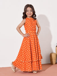 Girls Foil Polka Dot Layered Ethnic Gown Dress With Waist Belt Detail